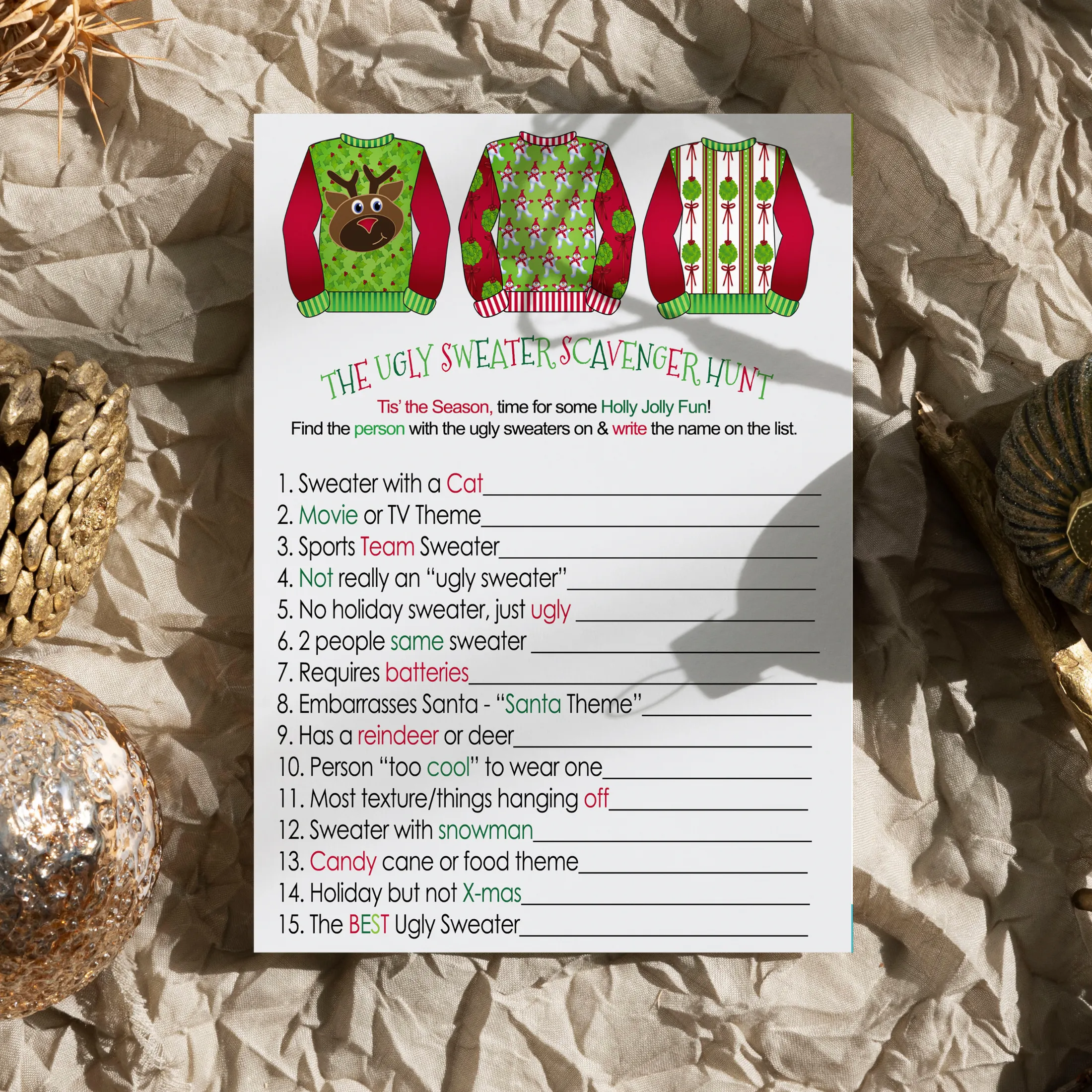 Ugly Sweater Scavenger Game for Christmas Party, Fun Holiday Scavenger Hunt Adults, Festive Fun Activity, 25 Guests, 4x6