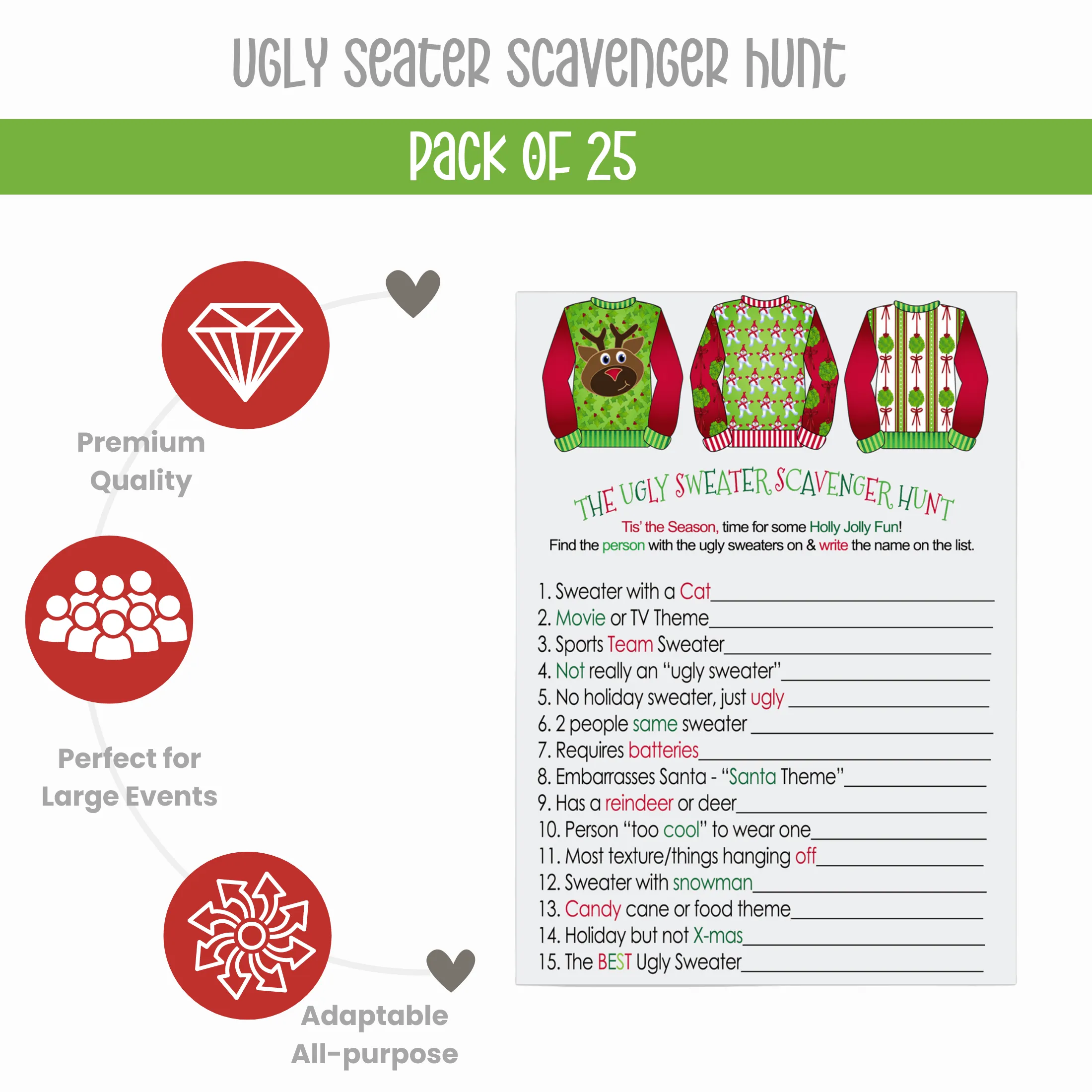 Ugly Sweater Scavenger Game for Christmas Party, Fun Holiday Scavenger Hunt Adults, Festive Fun Activity, 25 Guests, 4x6