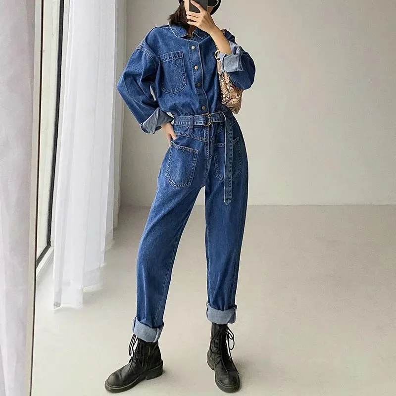 Uniwim black men fashion urban Casual Jumpsuit Women's Ins Style Fashion Spring Women's Long-Sleeved One-Piece Jeans New