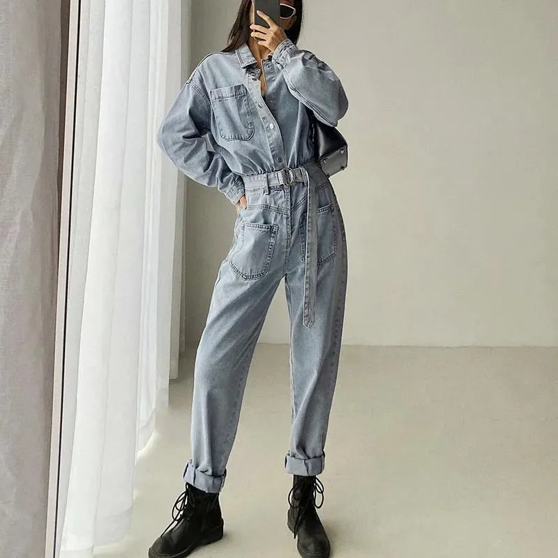 Uniwim black men fashion urban Casual Jumpsuit Women's Ins Style Fashion Spring Women's Long-Sleeved One-Piece Jeans New