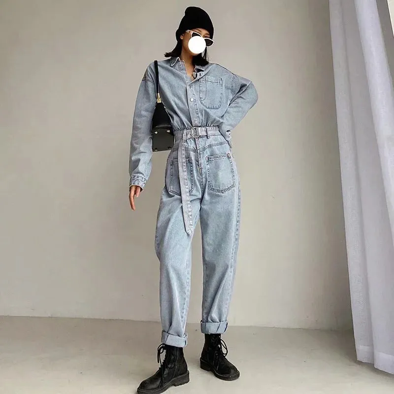 Uniwim black men fashion urban Casual Jumpsuit Women's Ins Style Fashion Spring Women's Long-Sleeved One-Piece Jeans New