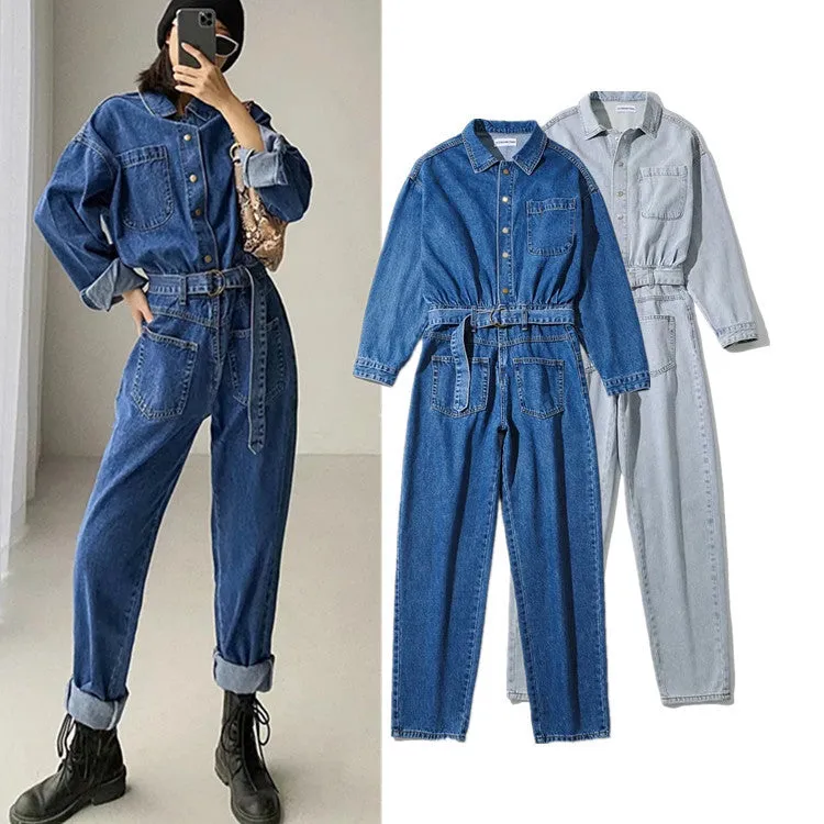 Uniwim black men fashion urban Casual Jumpsuit Women's Ins Style Fashion Spring Women's Long-Sleeved One-Piece Jeans New