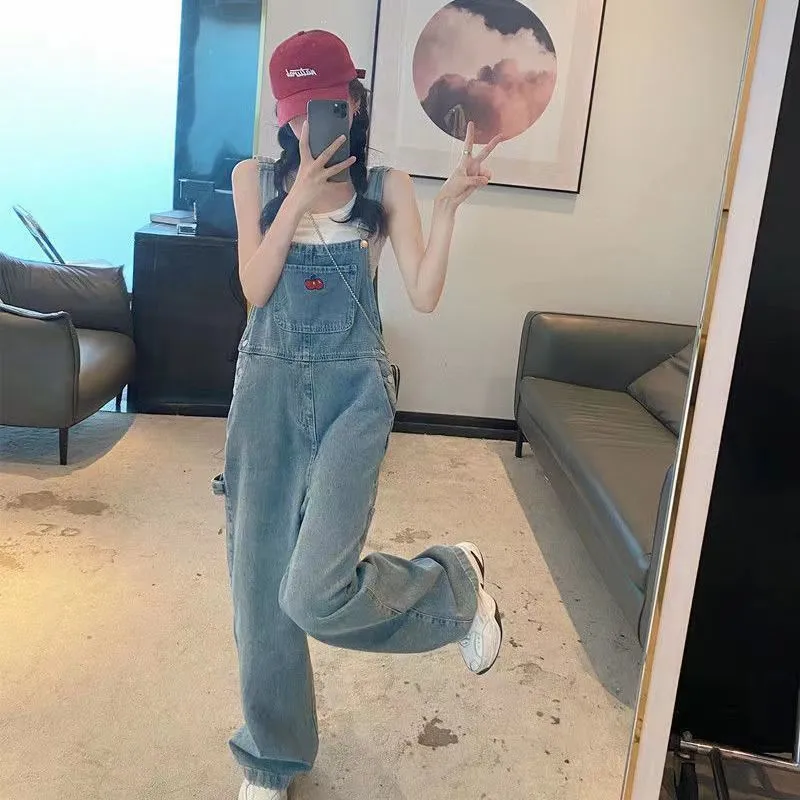 Uniwim outfit ideas Design Sense Spring and Summer Embroidered Wear Denim Suspender Pants Women's Salt Retro Small Tooling High Waist Straight Jumpsuit