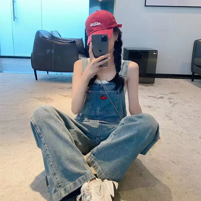 Uniwim outfit ideas Design Sense Spring and Summer Embroidered Wear Denim Suspender Pants Women's Salt Retro Small Tooling High Waist Straight Jumpsuit