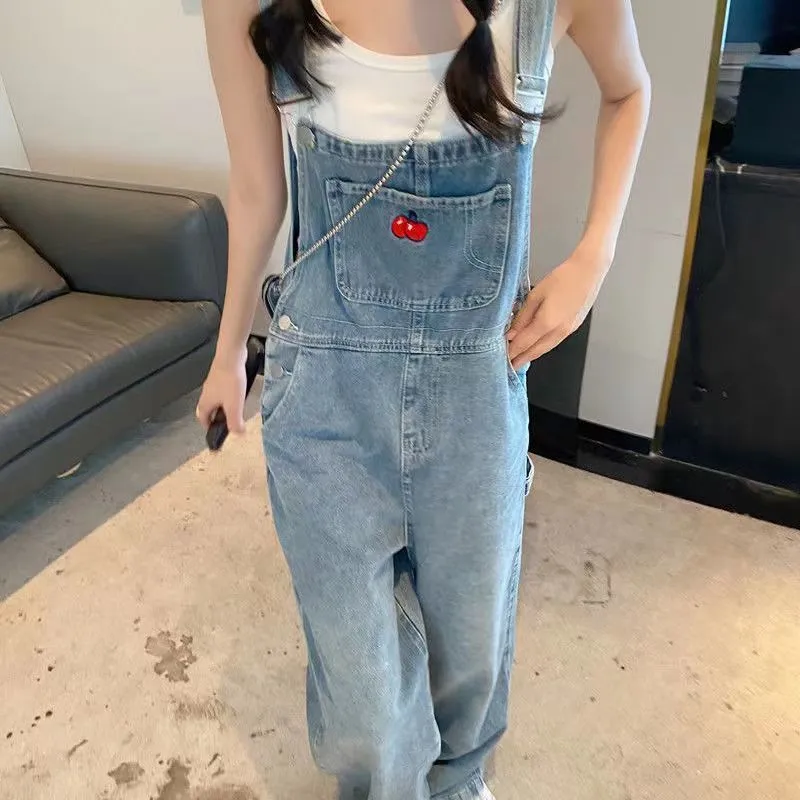 Uniwim outfit ideas Design Sense Spring and Summer Embroidered Wear Denim Suspender Pants Women's Salt Retro Small Tooling High Waist Straight Jumpsuit