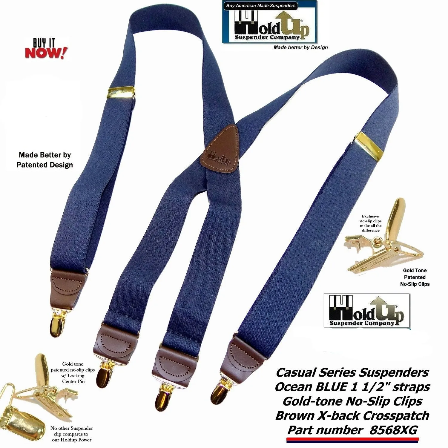 USA Made Holdup Suspenders Dark Ocean Blue 1 1/2" wide X-back Suspenders with Patented No-slip Gold-tone  Clips