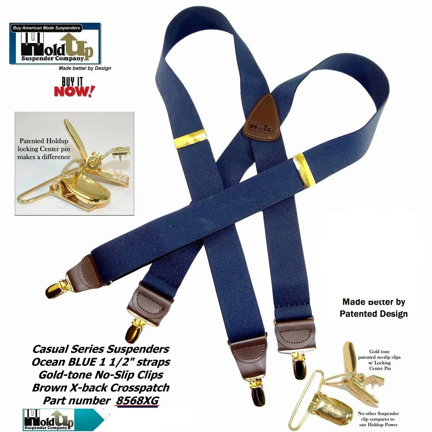 USA Made Holdup Suspenders Dark Ocean Blue 1 1/2" wide X-back Suspenders with Patented No-slip Gold-tone  Clips