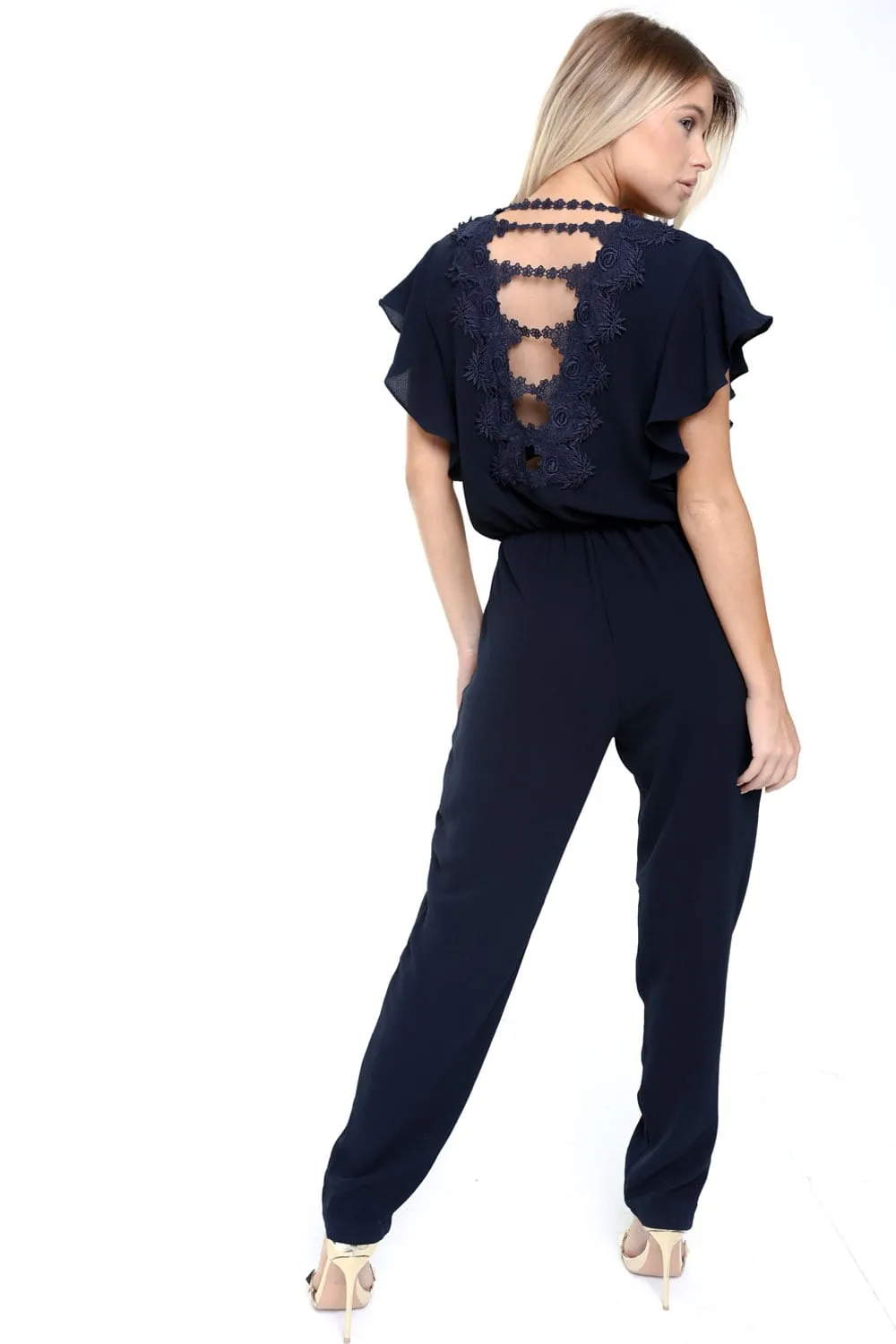 V neck Lace Applique Back Straight Leg Jumpsuit