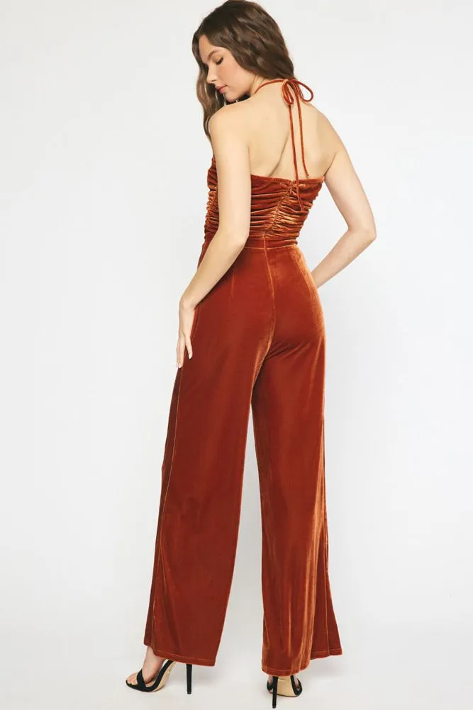 Velvet Halter Jumpsuit in Bronze bvy Entro