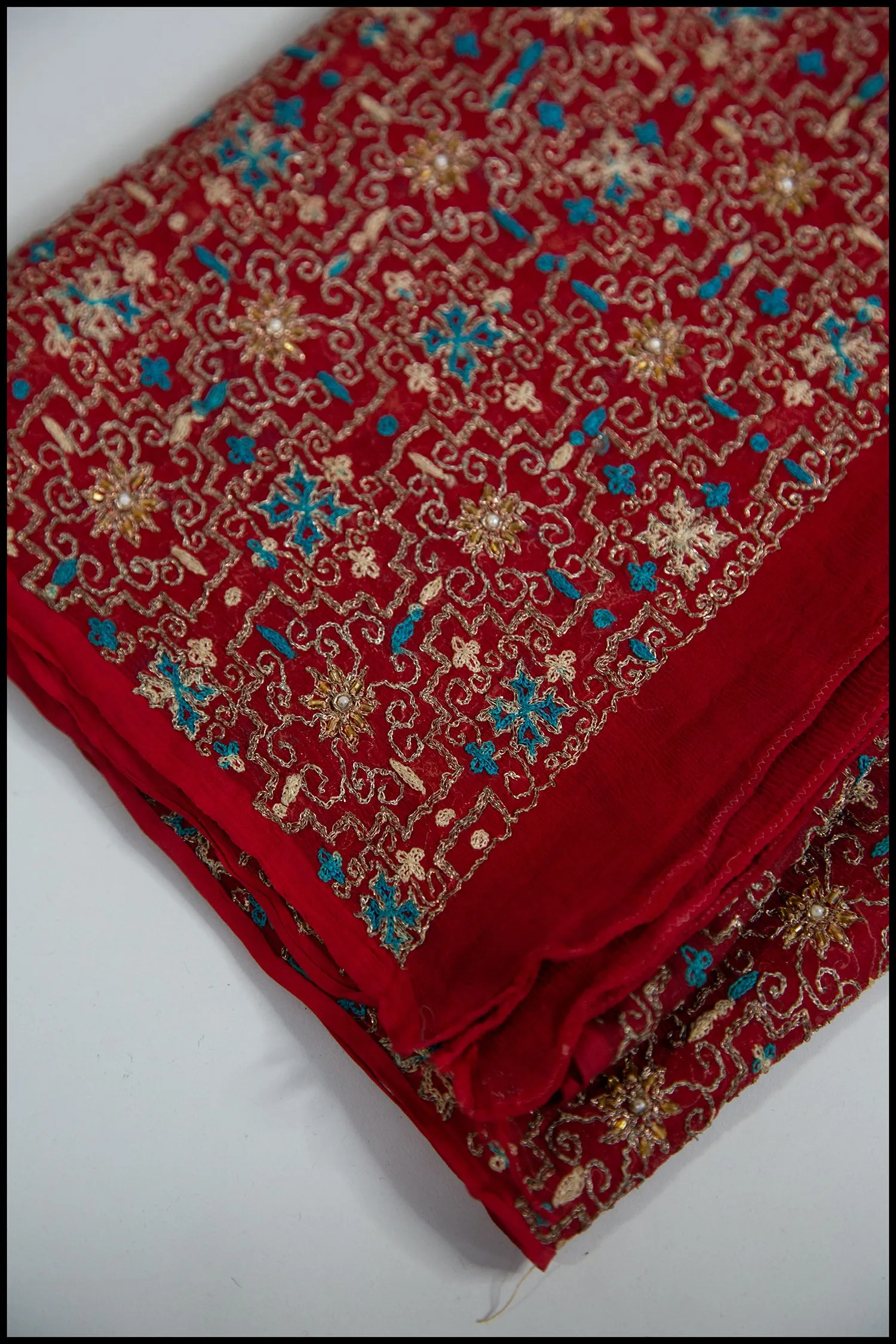 Vintage 1930s Red Gold Tambour Embroidered Silk Shawl Wrap