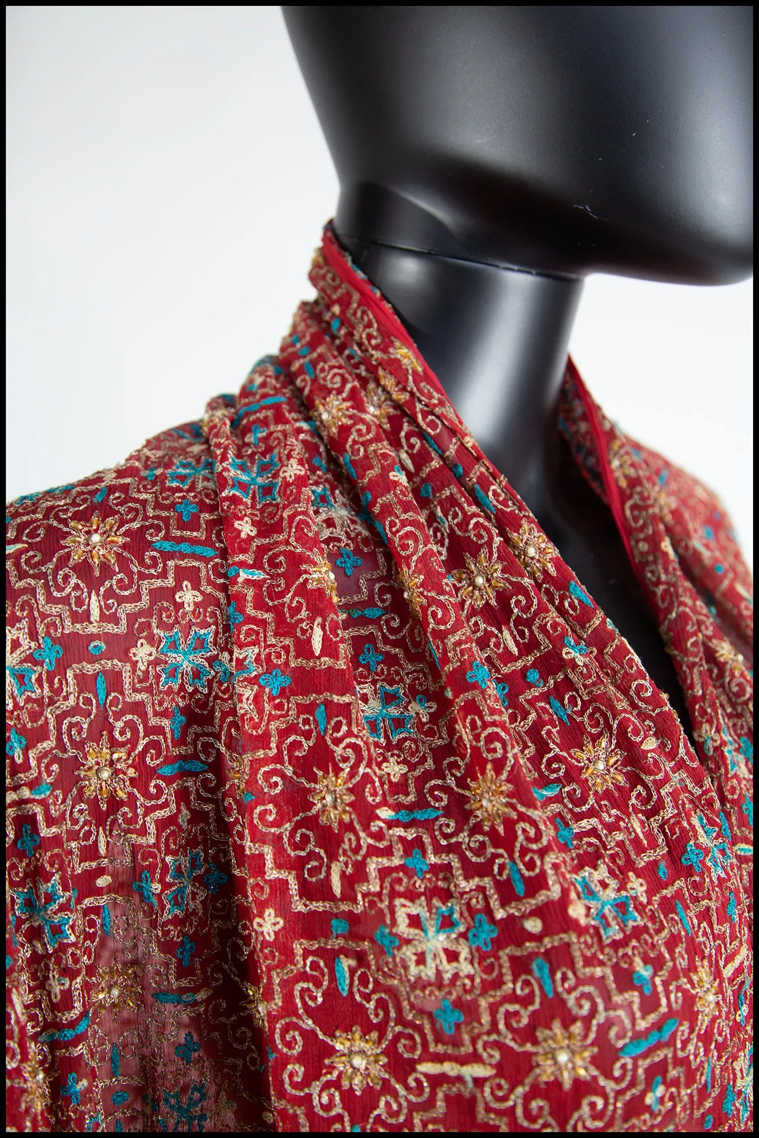 Vintage 1930s Red Gold Tambour Embroidered Silk Shawl Wrap