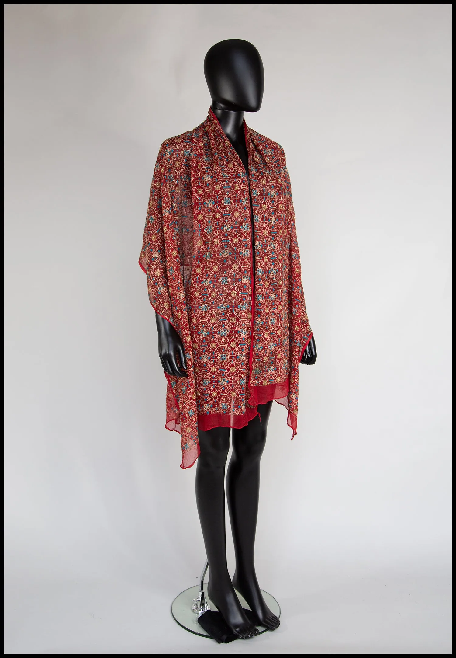 Vintage 1930s Red Gold Tambour Embroidered Silk Shawl Wrap