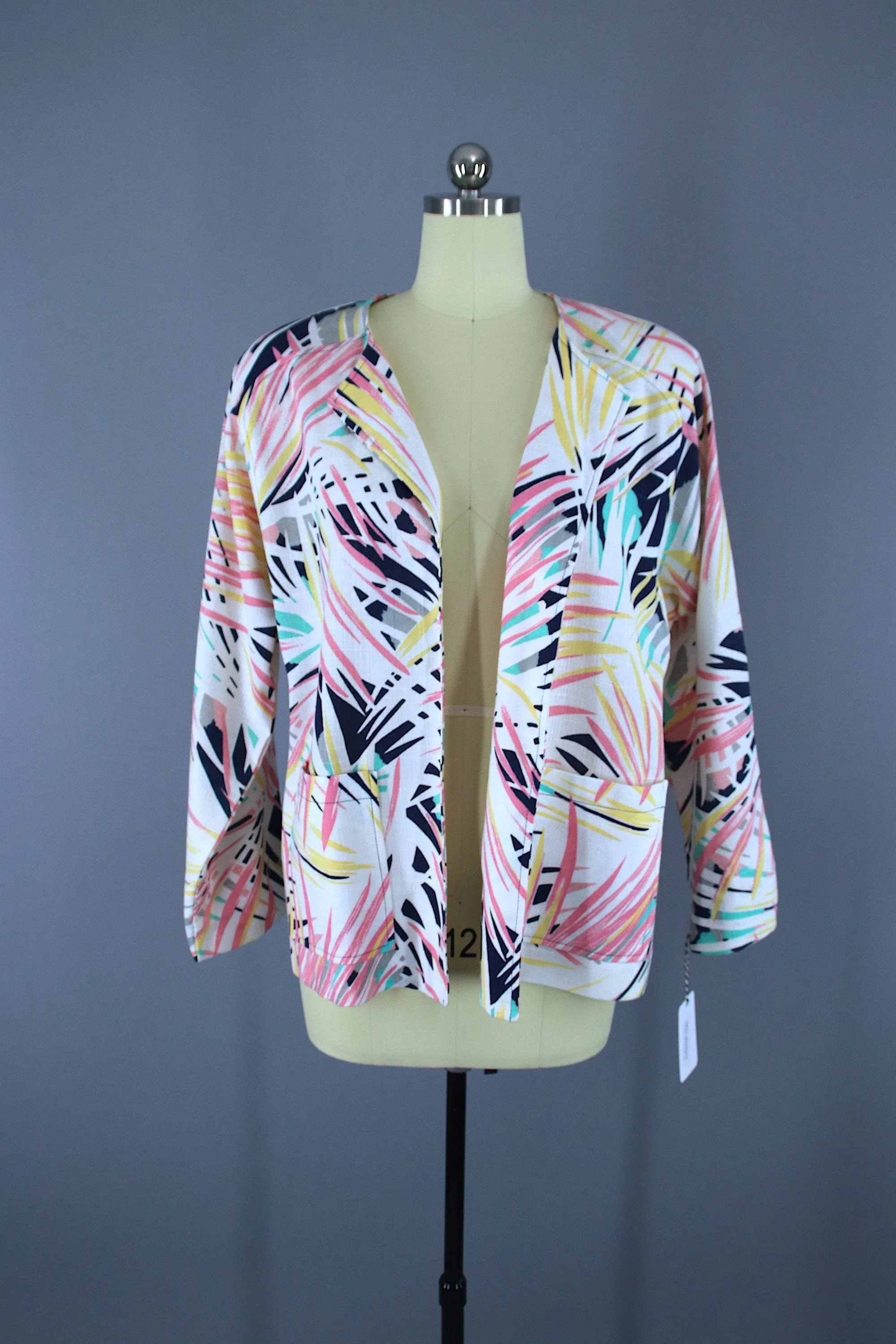 Vintage 1980s Linen Oversized Blazer Jacket / Palm Leaf Novelty Print