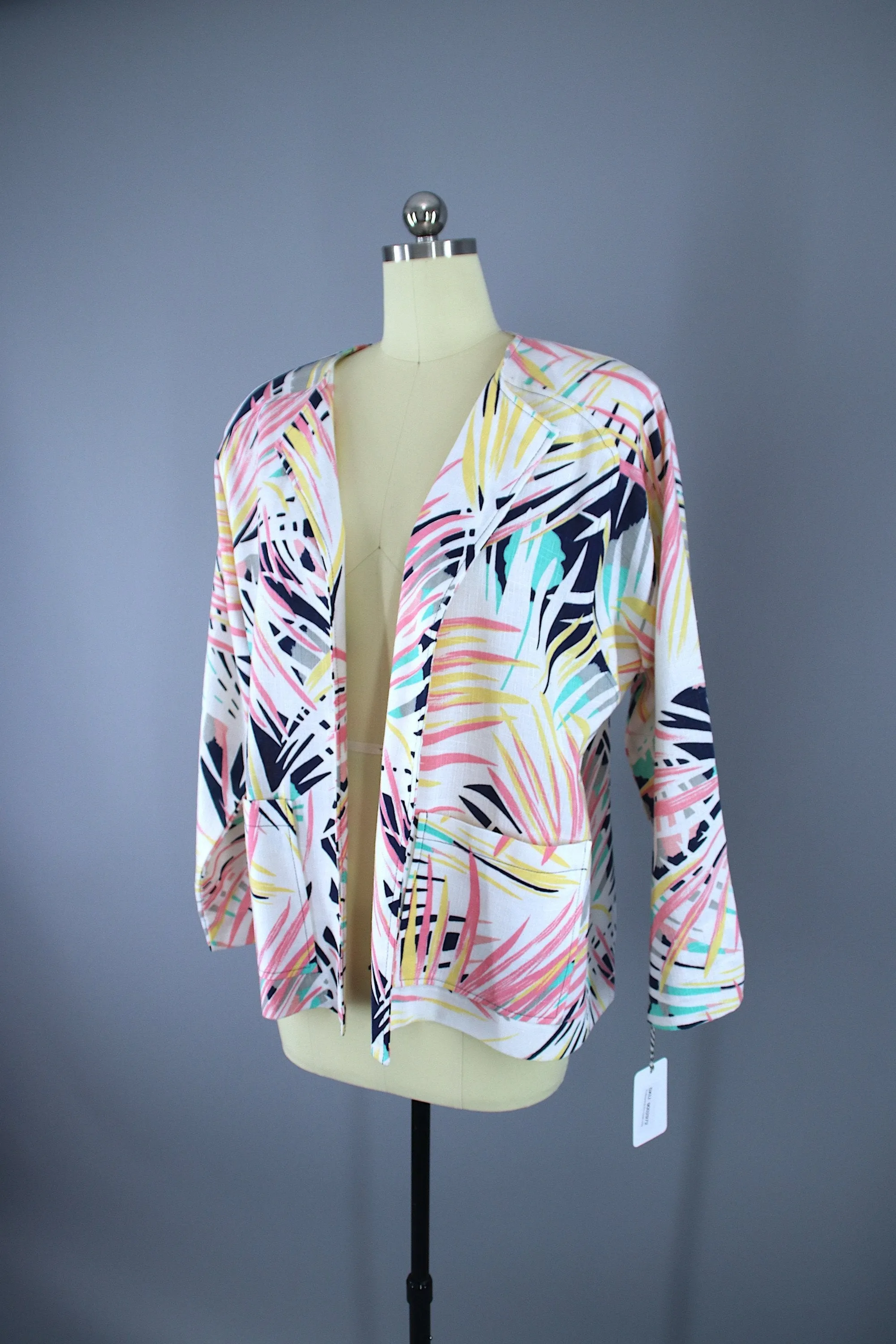 Vintage 1980s Linen Oversized Blazer Jacket / Palm Leaf Novelty Print