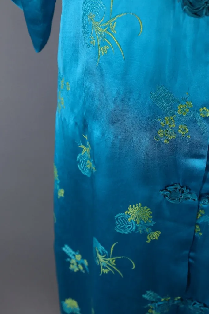 Vintage Asian Embroidered Robe / Aqua Blue & Yellow Satin