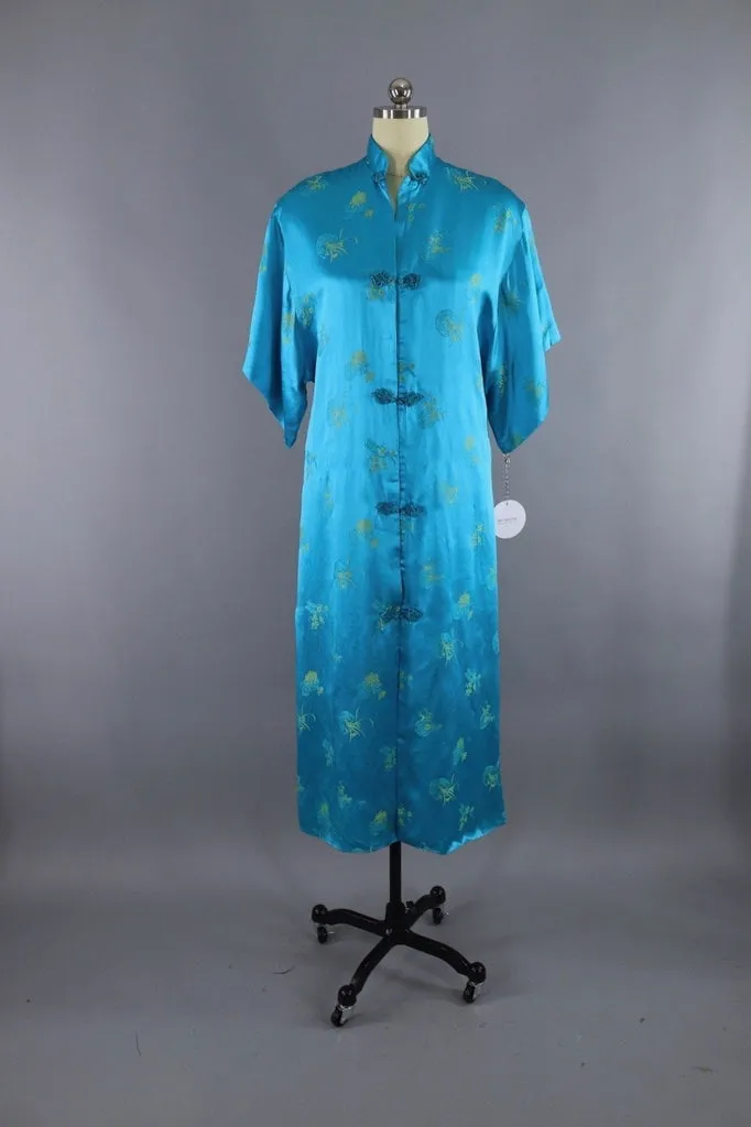 Vintage Asian Embroidered Robe / Aqua Blue & Yellow Satin