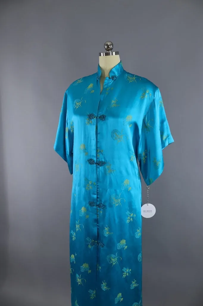 Vintage Asian Embroidered Robe / Aqua Blue & Yellow Satin