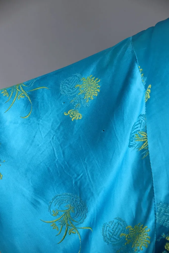 Vintage Asian Embroidered Robe / Aqua Blue & Yellow Satin