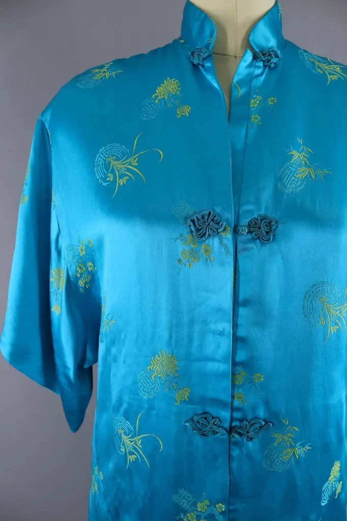 Vintage Asian Embroidered Robe / Aqua Blue & Yellow Satin