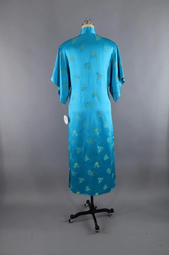 Vintage Asian Embroidered Robe / Aqua Blue & Yellow Satin