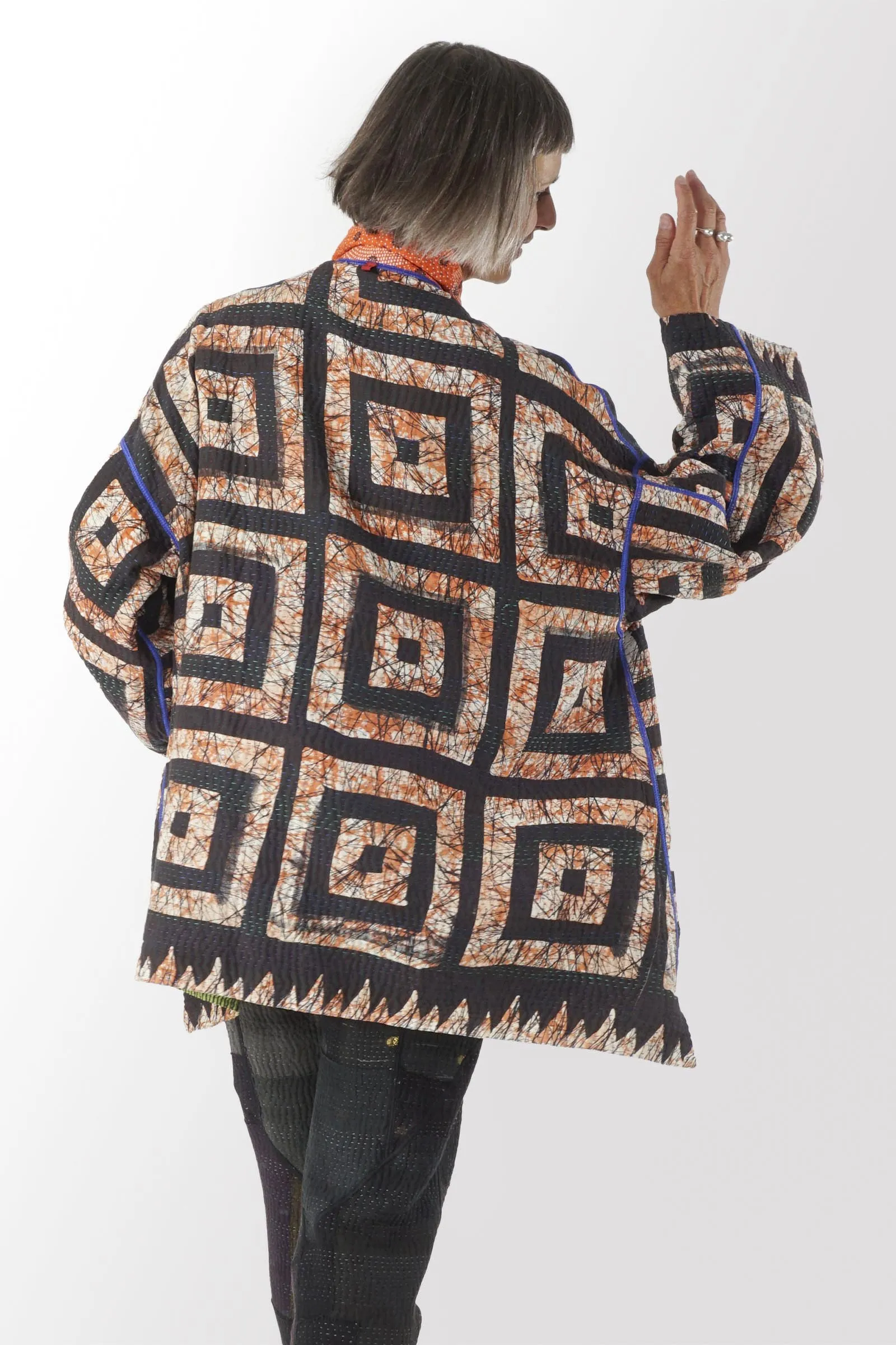 VINTAGE COTTON KANTHA OVERSIZED MINI COAT - cv4332-0017a -