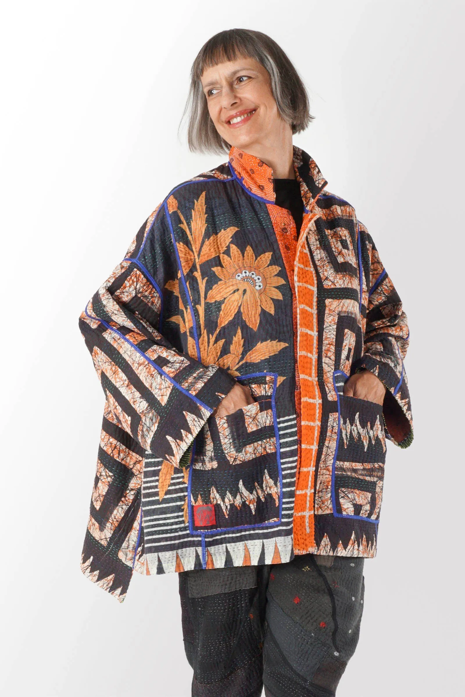 VINTAGE COTTON KANTHA OVERSIZED MINI COAT - cv4332-0017a -