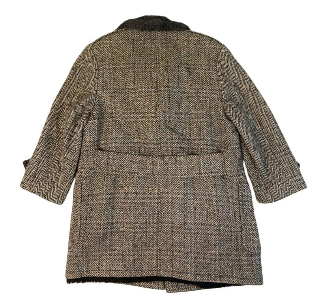 VTG 70s WOOL HERRINGBONE TWEED DOUBLE BREASTED CAR COAT OVERCOAT FAUX FUR L 42