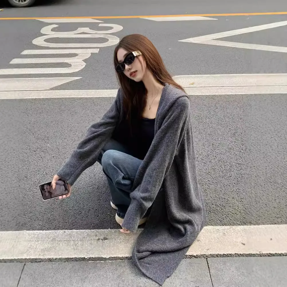 Wenkouban casual fall outfits Autumn Korean Style No Need Lazy Style Loose Long Knitted Cardigan Hooded Sweater Coat Knitted Overcoat