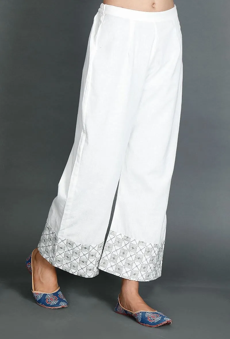 White Palazzos With Kantha Border