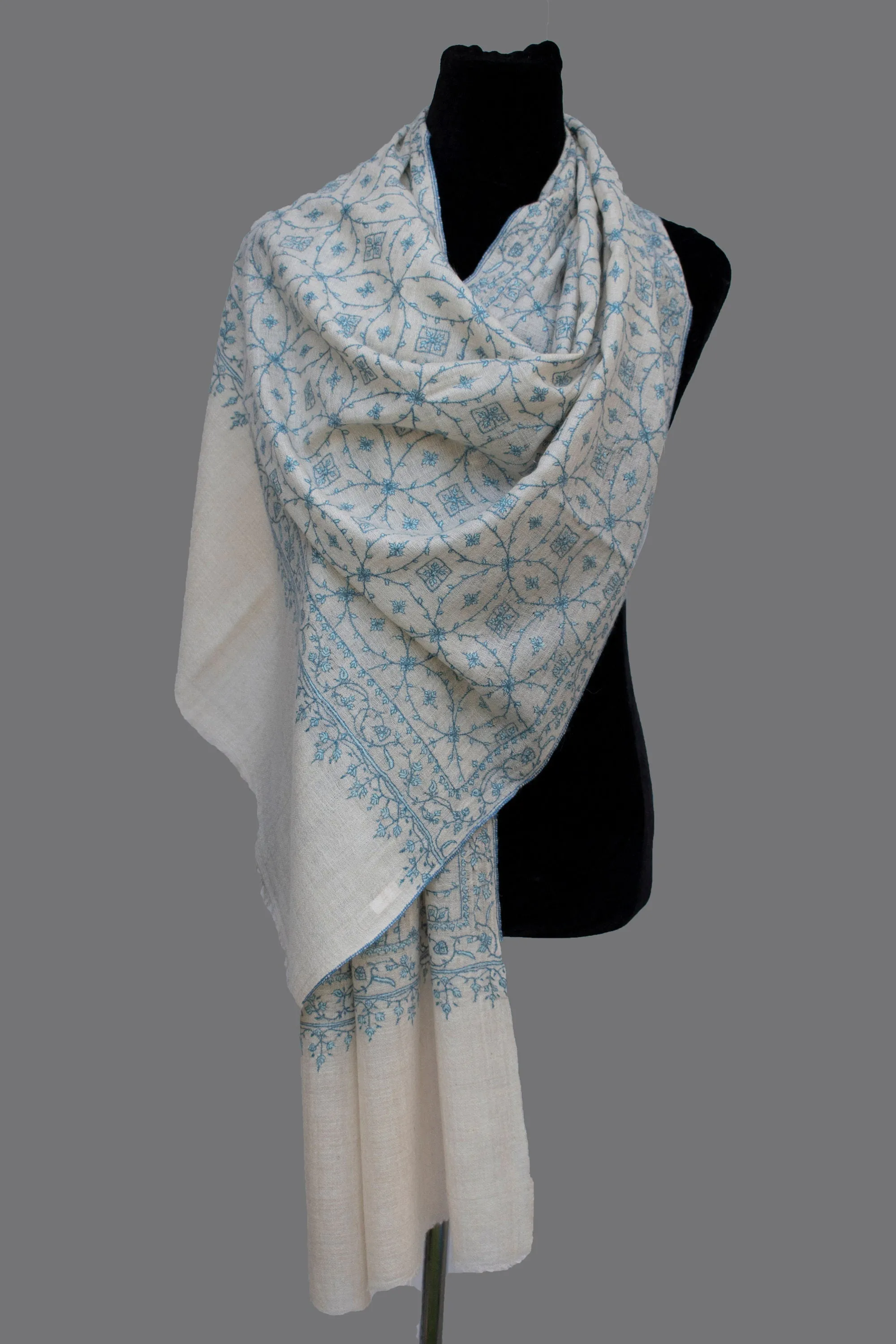 White Pure Cashmere Pashmina Scarf Wrap with All-over Embroidery, Hand loom, Hand Embroidery