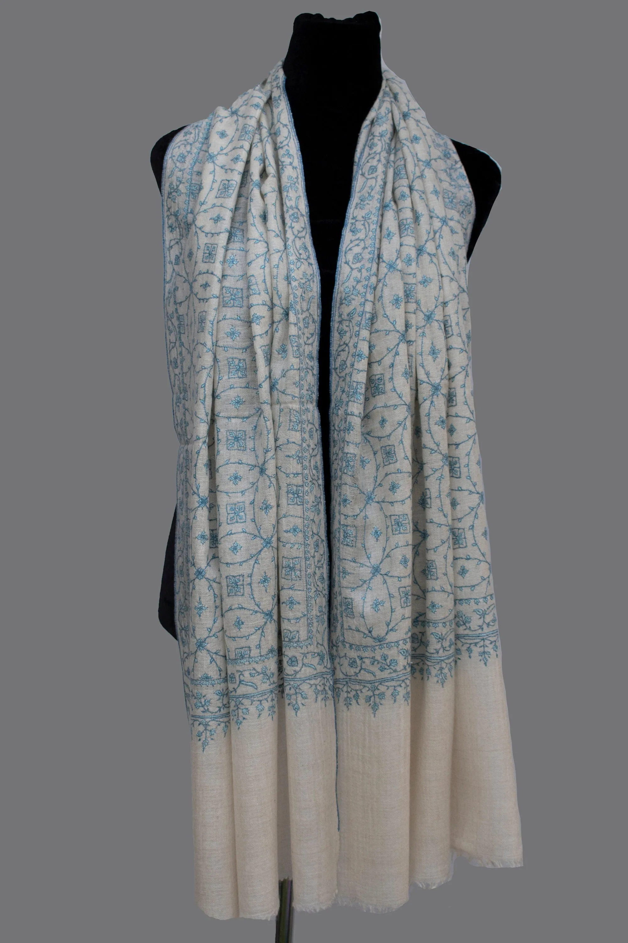 White Pure Cashmere Pashmina Scarf Wrap with All-over Embroidery, Hand loom, Hand Embroidery