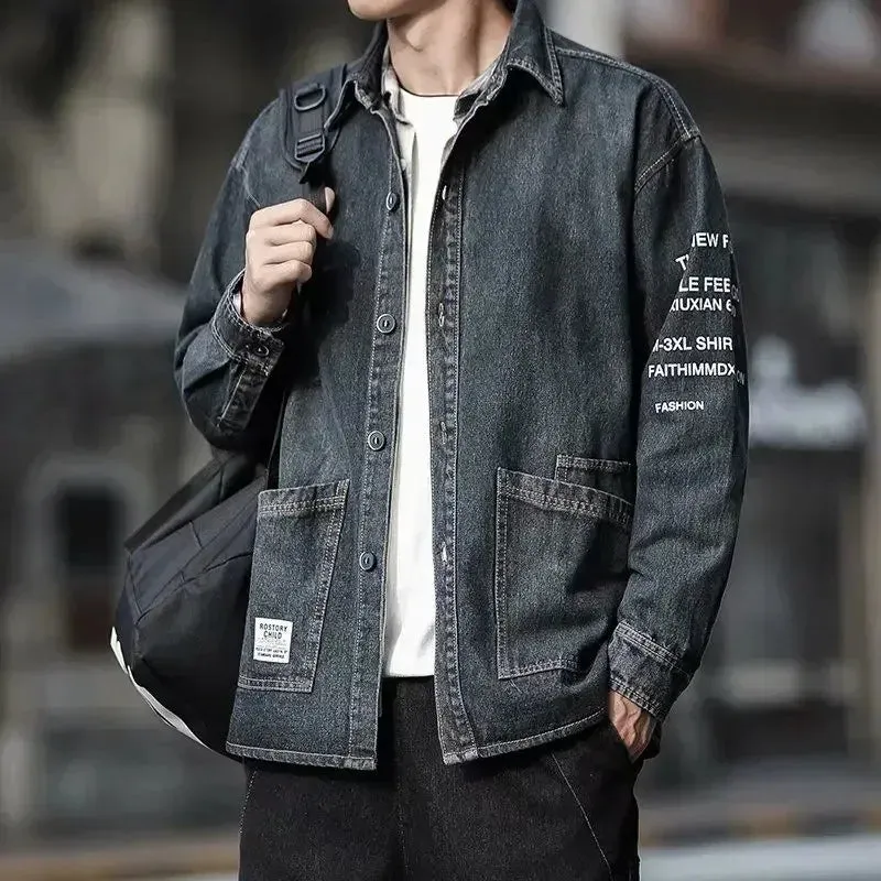 Wiaofellas  -  Men's Denim Jacket Overcoat Black Spliced Male Jean Coats Wide Sleeves Original Korean Popular Clothes Menswear Cowboy of Fabric