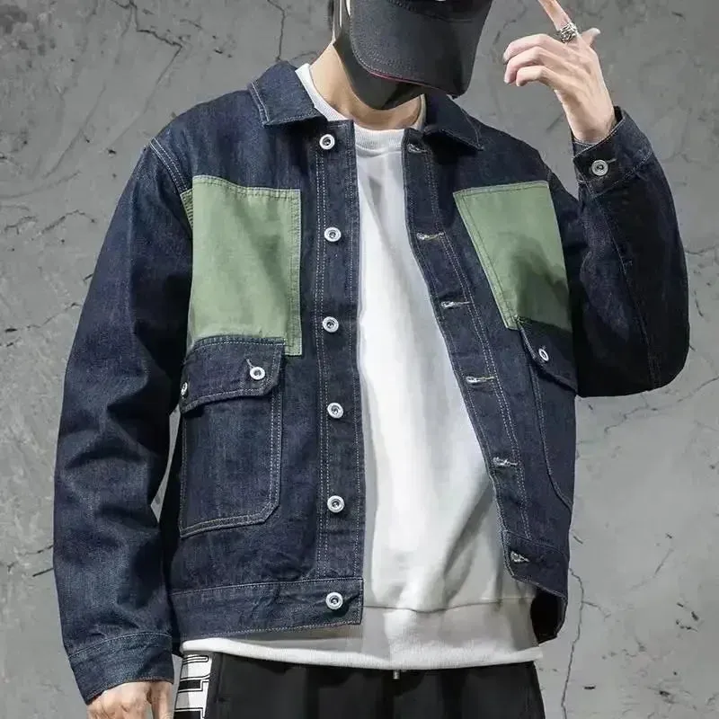 Wiaofellas  -  Men's Denim Jacket Overcoat Black Spliced Male Jean Coats Wide Sleeves Original Korean Popular Clothes Menswear Cowboy of Fabric