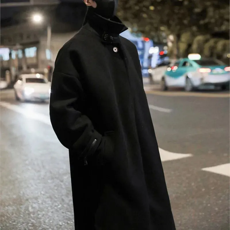 Wiaofellas  -  Men's Stand Collar Woolen Trench Coat Men Side Buttons Casual Loose Korean Style High-end Winter Thick Elegant Fashion Overcoat