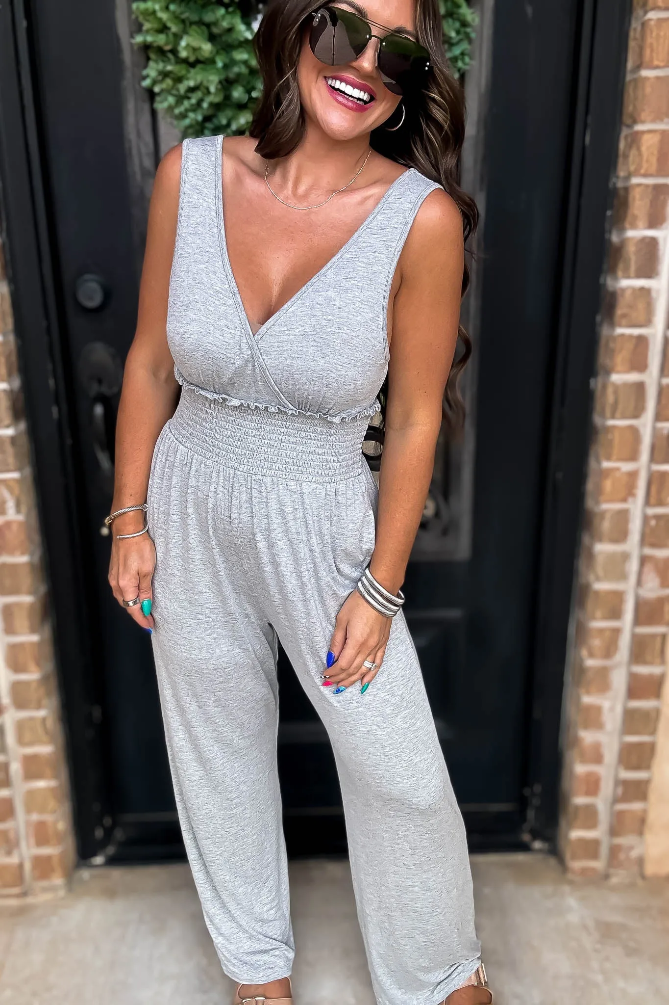 Wide Leg Heather Grey Smocked Waist Jumpsuit