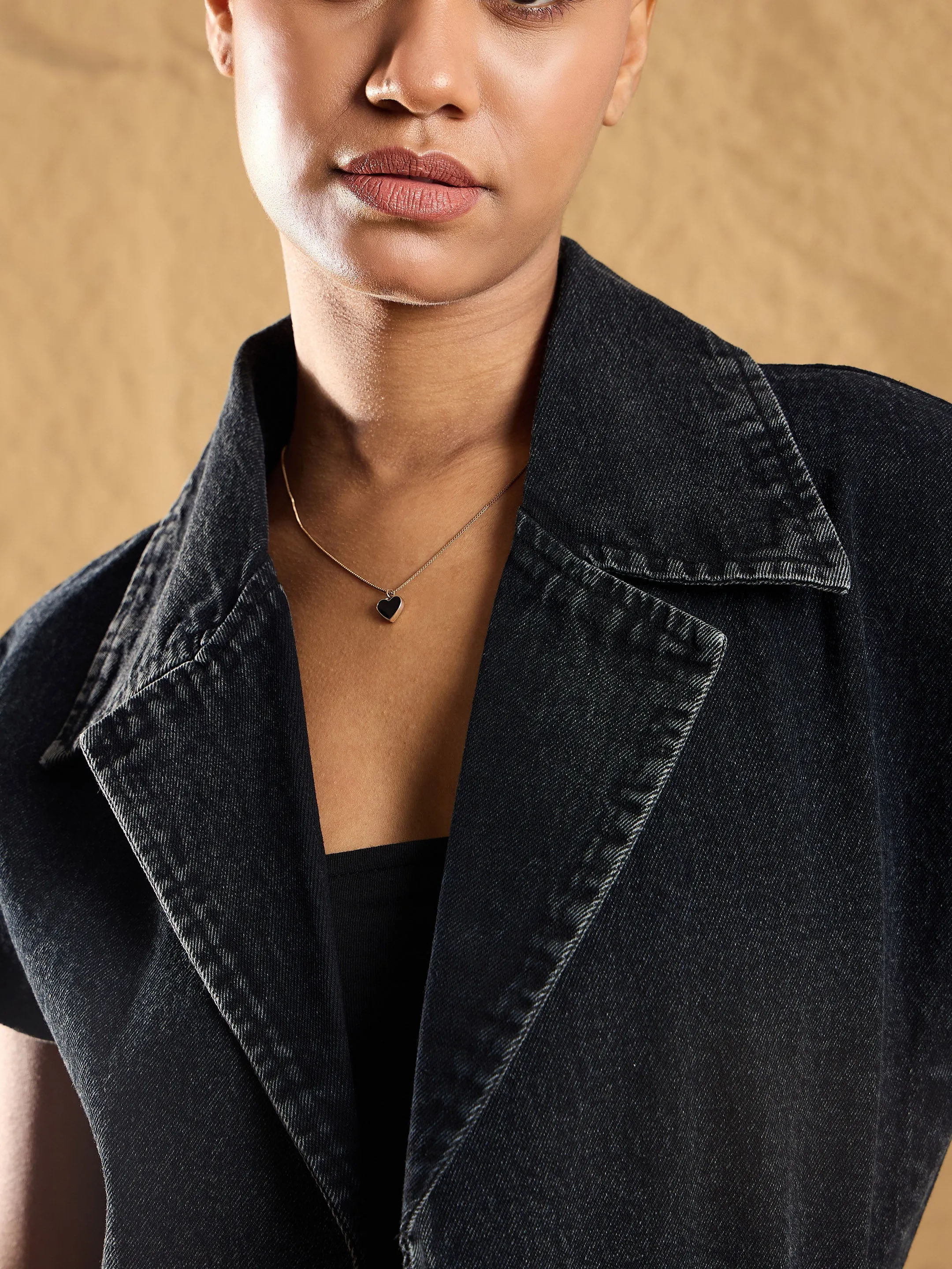 Women Black Denim Washed Front Open Crop Gilet