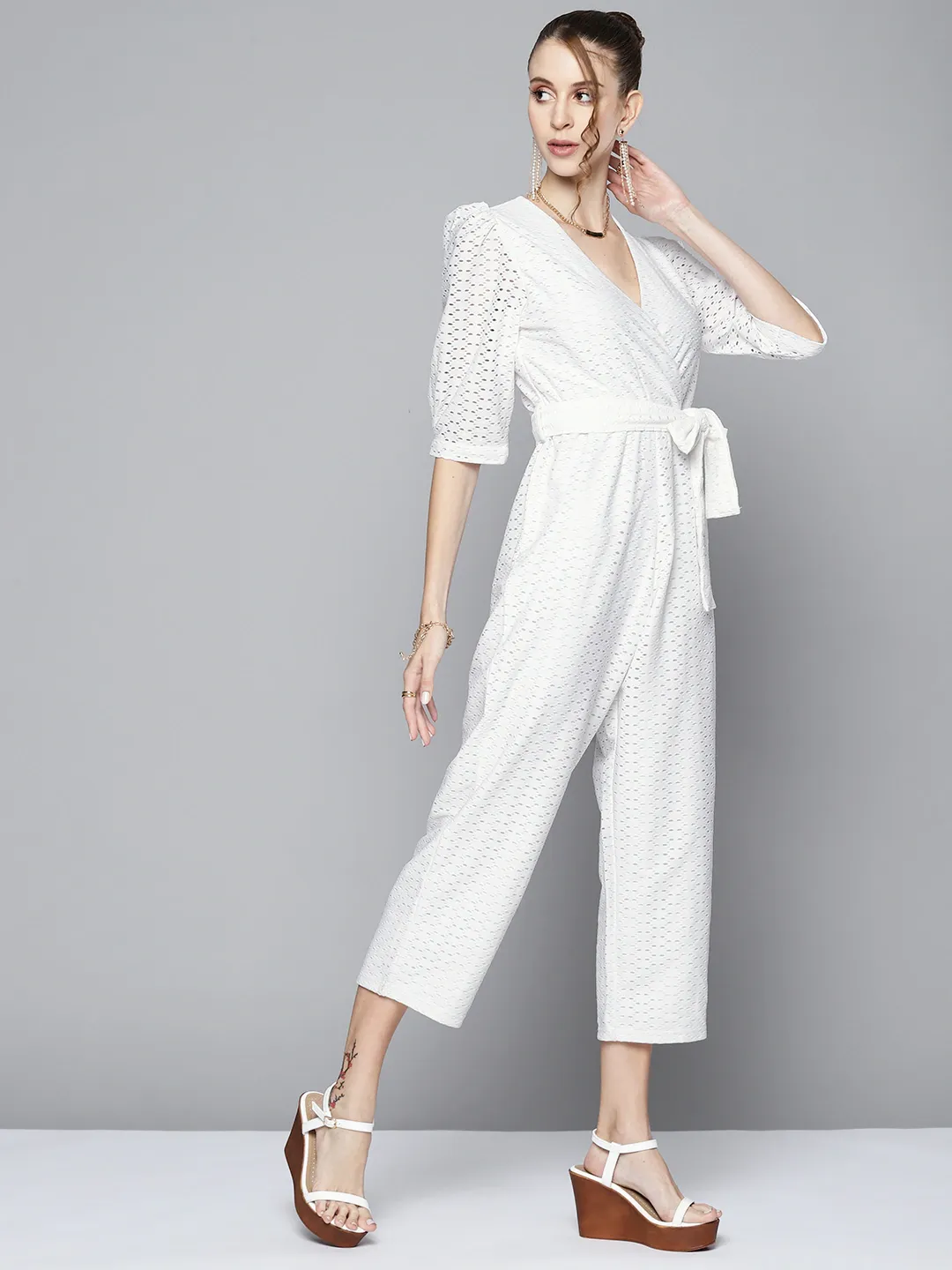 Women White Schiffli Power Shoulder Jumpsuit