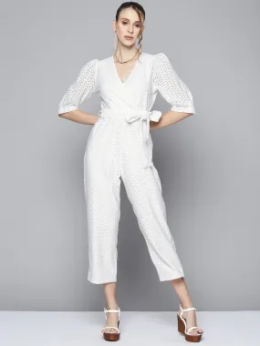 Women White Schiffli Power Shoulder Jumpsuit