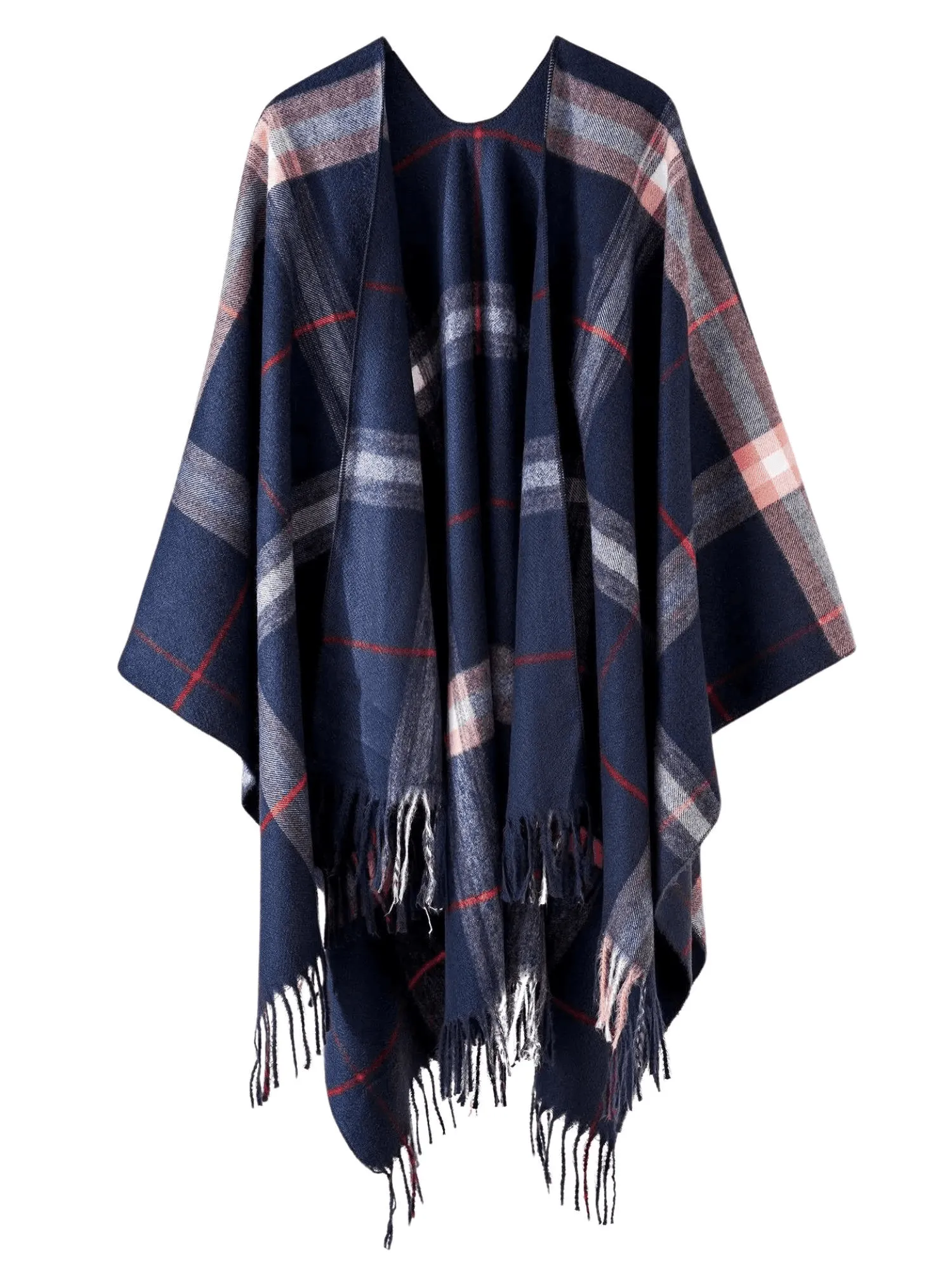 Women's Cashmere Feeling Shawl Lady Classic Plaid Cape Spring Autumn Retro Cardigan Winter Cloak with Tassels Soft Large