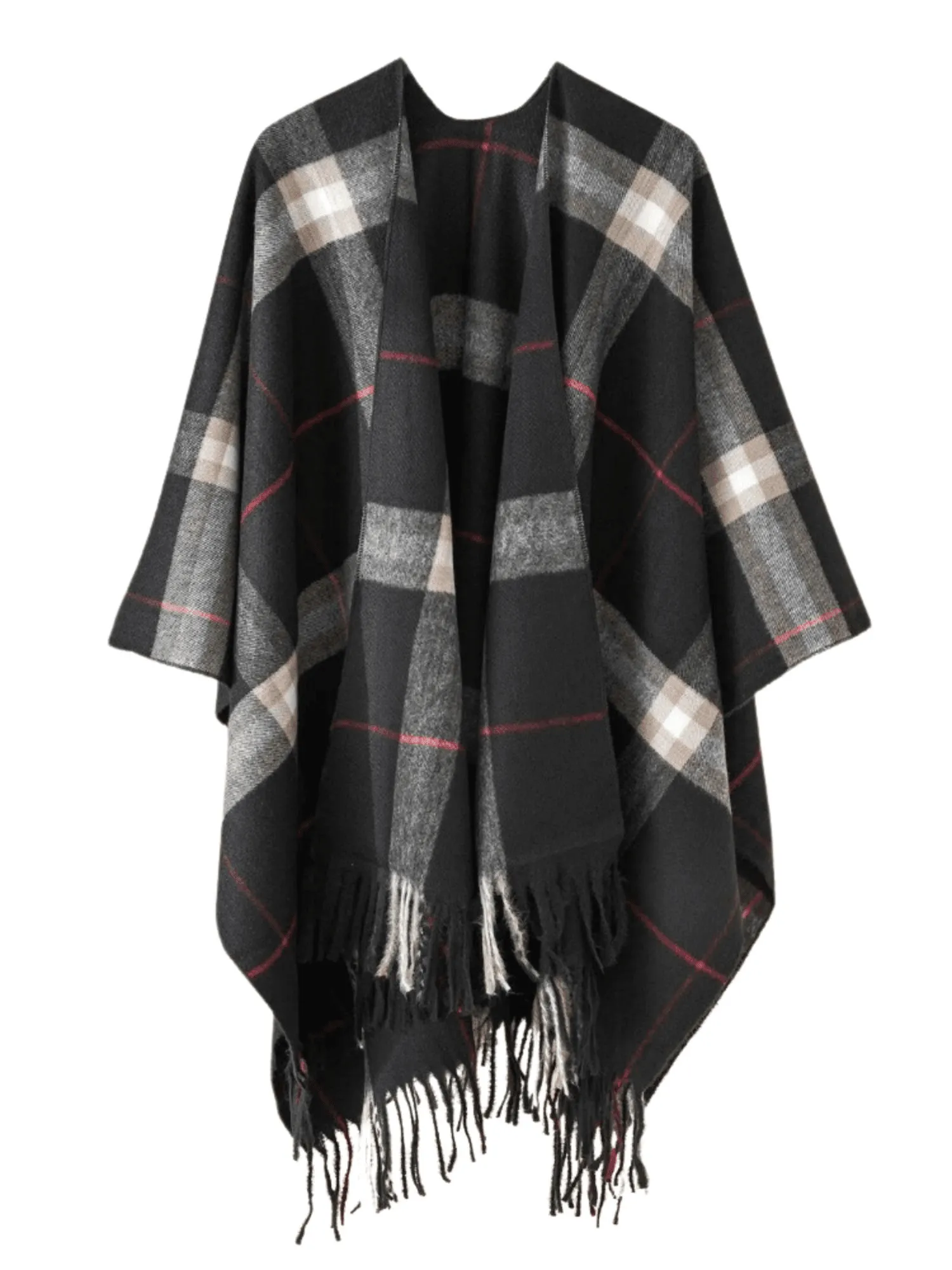 Women's Cashmere Feeling Shawl Lady Classic Plaid Cape Spring Autumn Retro Cardigan Winter Cloak with Tassels Soft Large