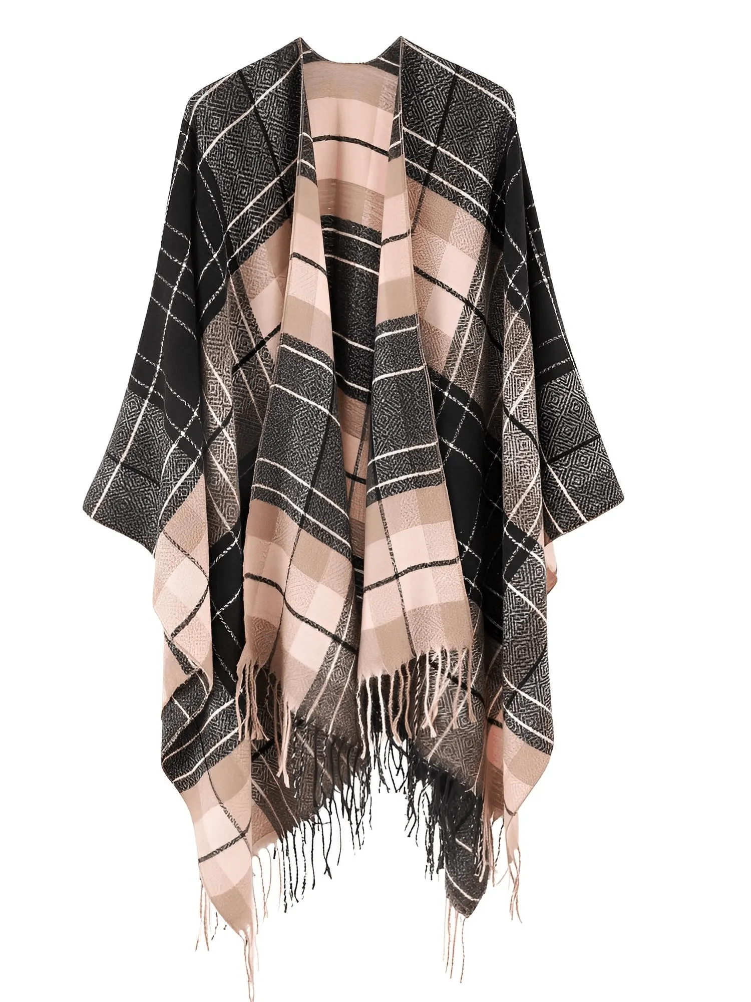 Women's Cashmere Feeling Shawl Lady Classic Plaid Cape Spring Autumn Retro Cardigan Winter Cloak with Tassels Soft Large