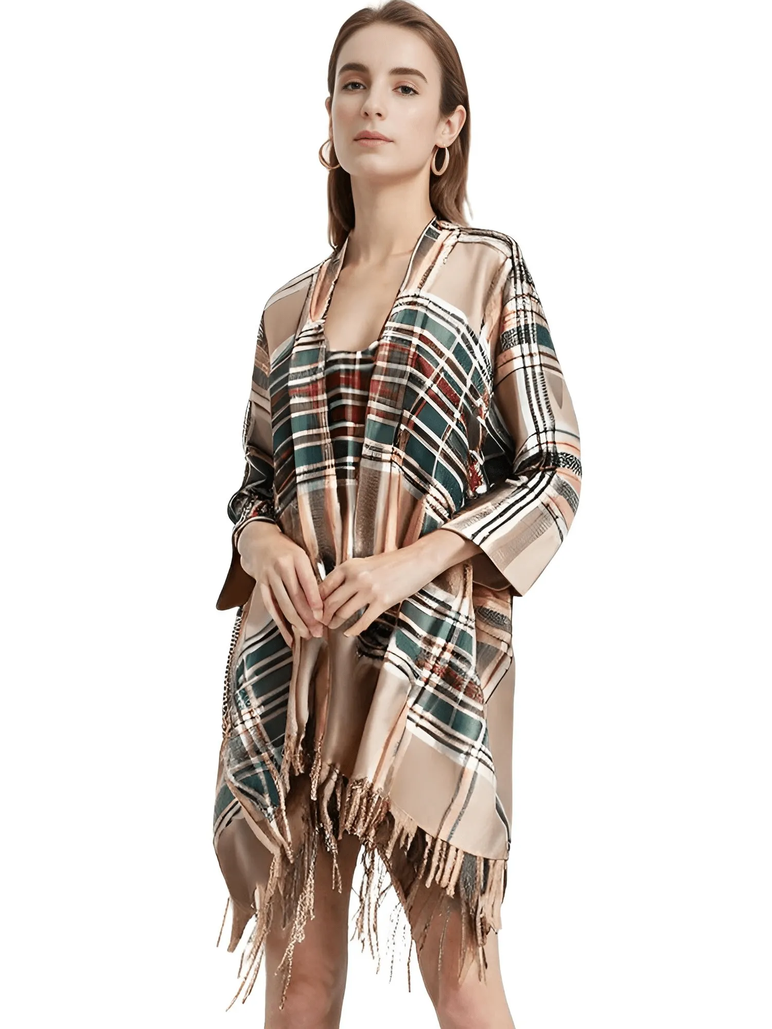 Women's Cashmere Feeling Shawl Lady Classic Plaid Cape Spring Autumn Retro Cardigan Winter Cloak with Tassels Soft Large