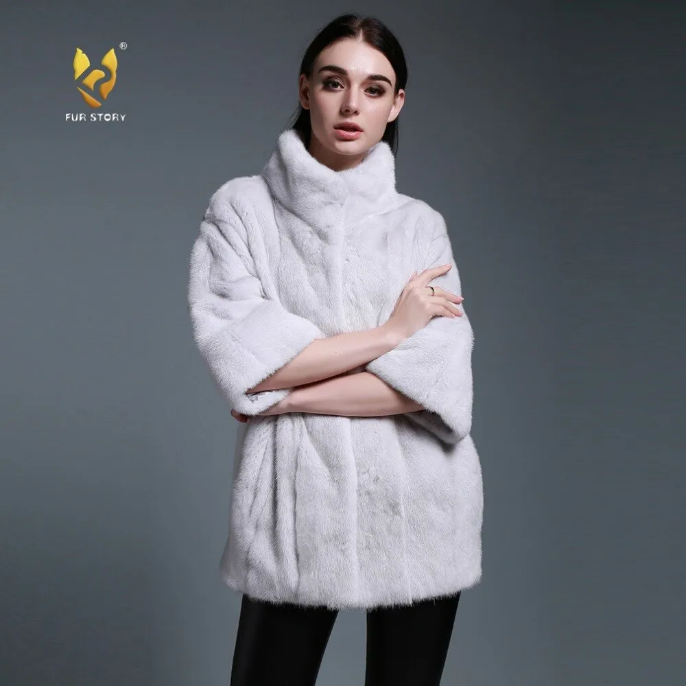 Women's Genuine Mink Fur Coat Women With Stand-up Collar Overcoat Female Fur Story FS16042