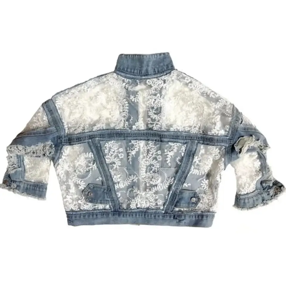 Women's Lace Patchwork Frayed Denim Jacket w/ Mid-length Sleeves