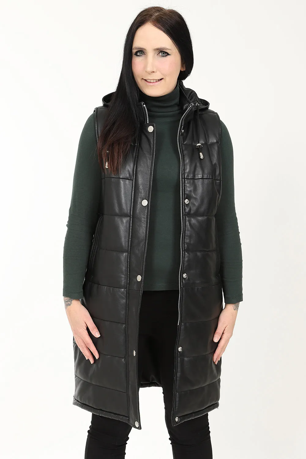 Women's Long Leather Quilted Gilet with Detachable Hood - VALERIE