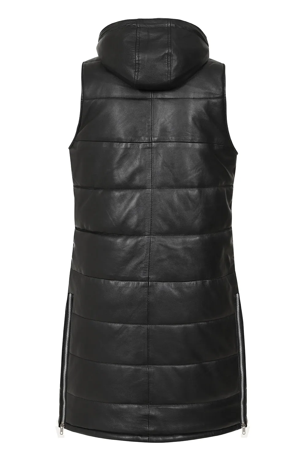 Women's Long Leather Quilted Gilet with Detachable Hood - VALERIE