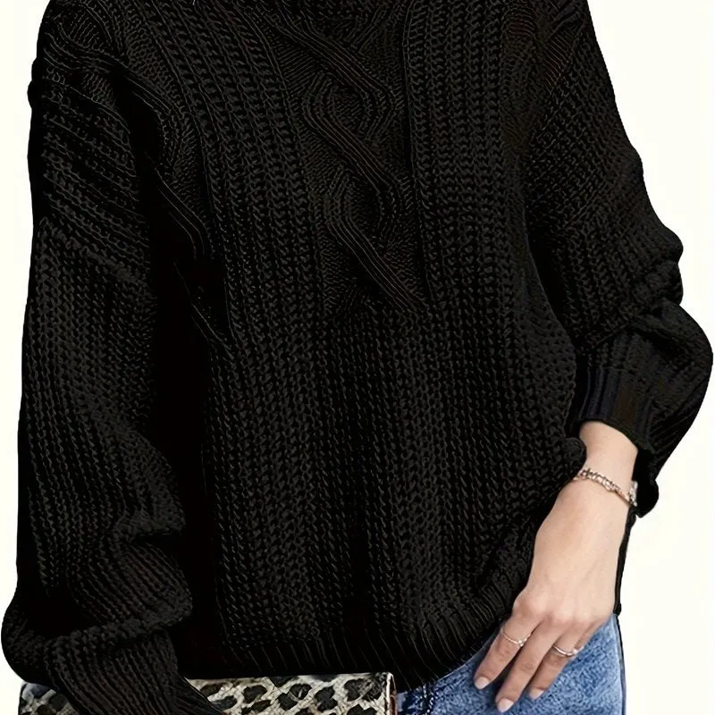 Women's Plus Solid Jacquard Long Sleeve Round Neck Sweater - Elevate Your Casual Style with Ease