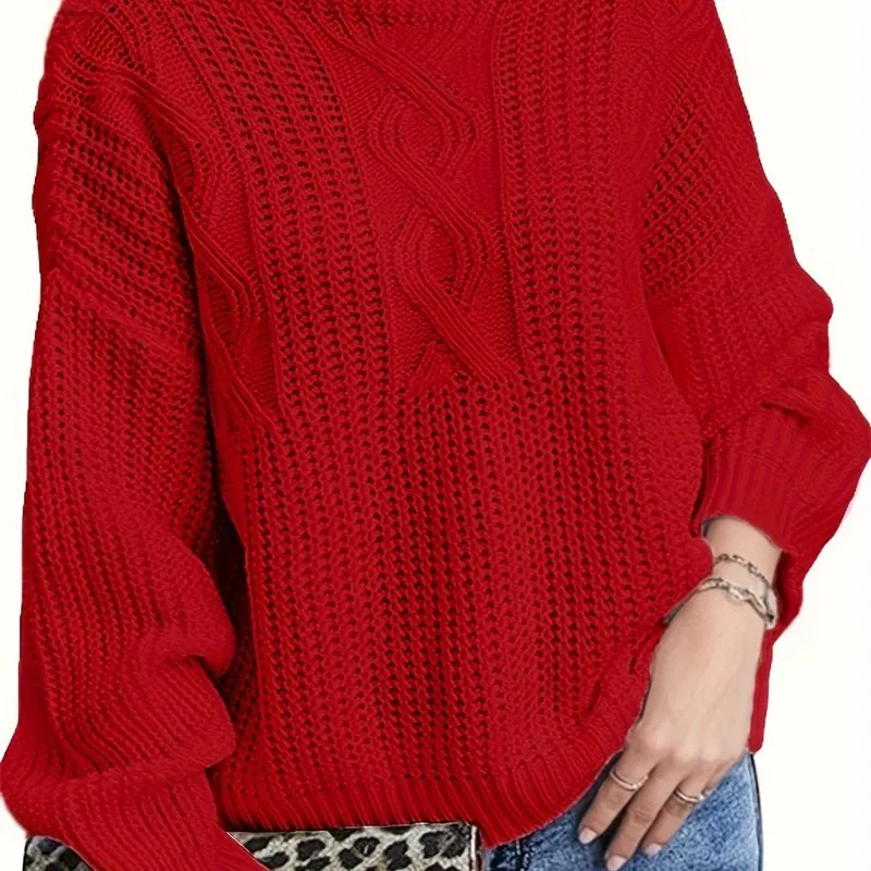 Women's Plus Solid Jacquard Long Sleeve Round Neck Sweater - Elevate Your Casual Style with Ease