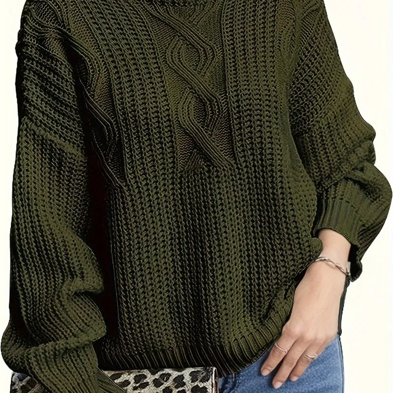 Women's Plus Solid Jacquard Long Sleeve Round Neck Sweater - Elevate Your Casual Style with Ease