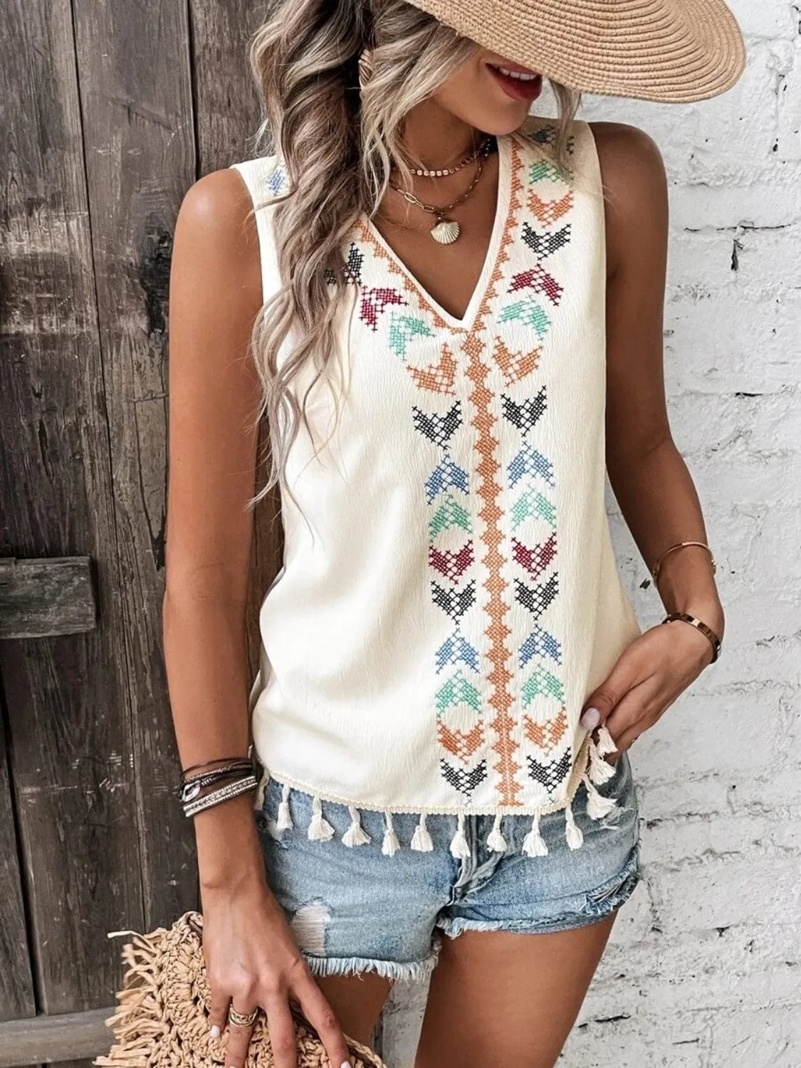 Women's Tassel-Printed V-Neck Tank Top